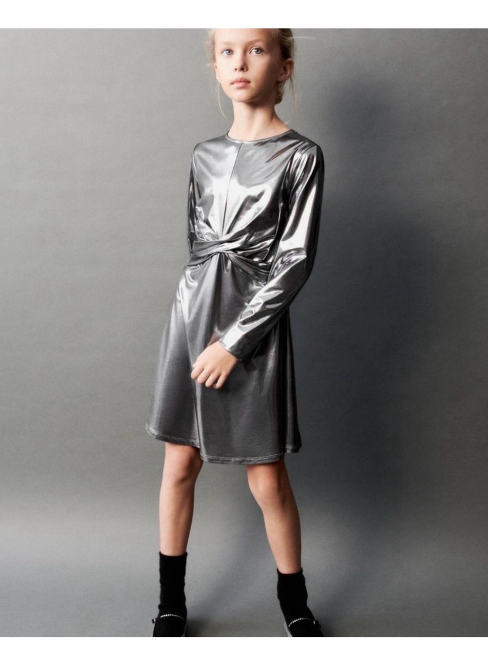 Zara Girls Metallic Silver Knot Dress Size 11-12 NWOT